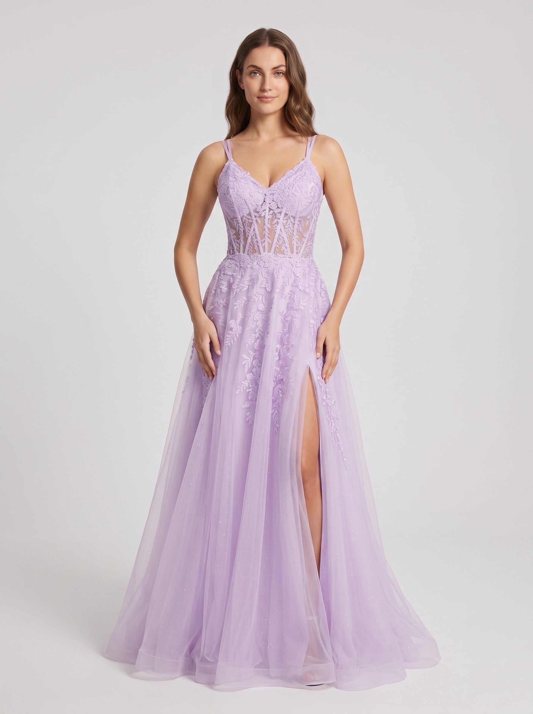 Lilac Tulle A-Line V-Neck Lace-up Floor-Length Dress with Sheer Corset Bodice and Side Slit