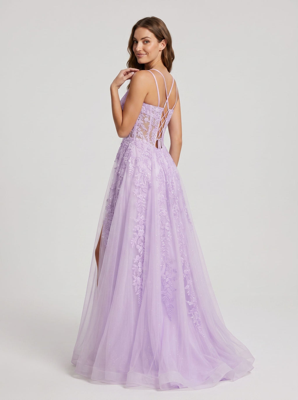 Lilac Tulle A-Line V-Neck Lace-up Floor-Length Dress with Sheer Corset Bodice and Side Slit