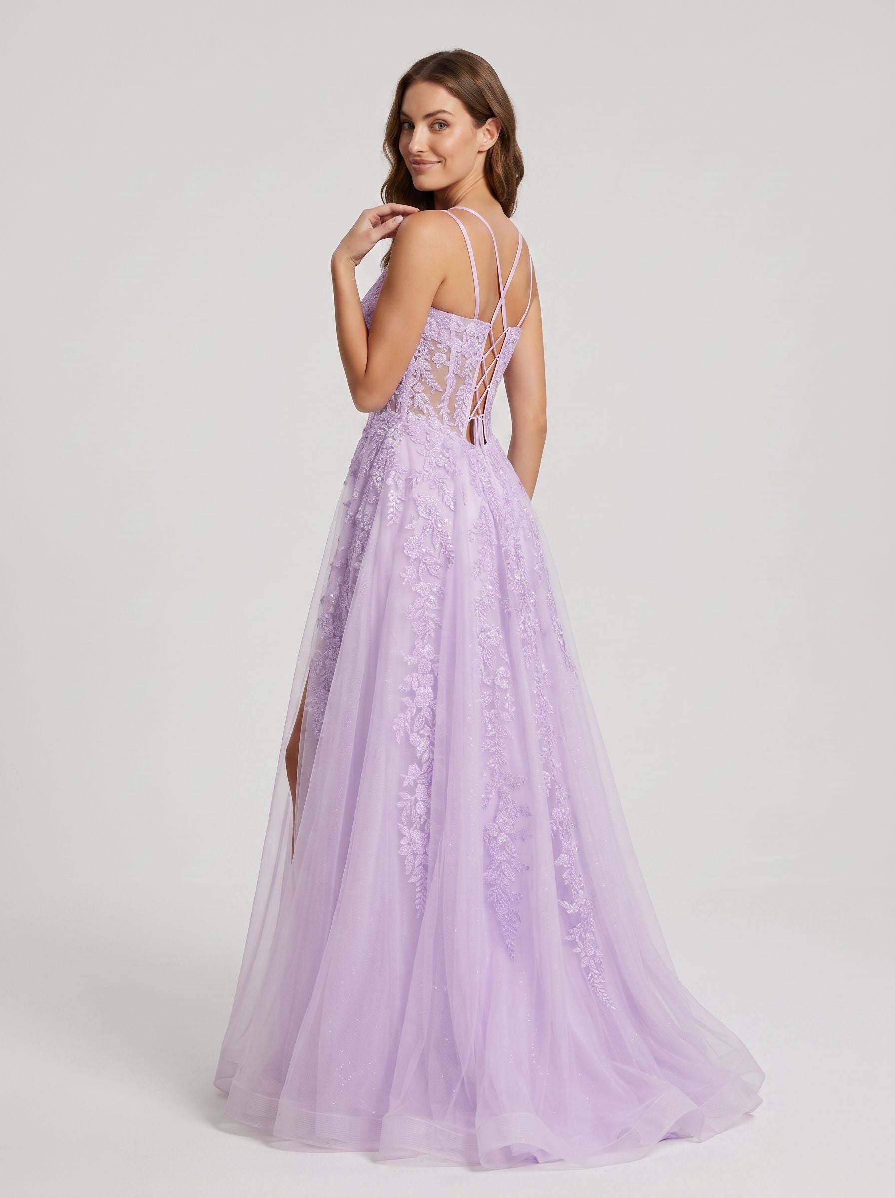 Lilac Tulle A-Line V-Neck Lace-up Floor-Length Dress with Sheer Corset Bodice and Side Slit