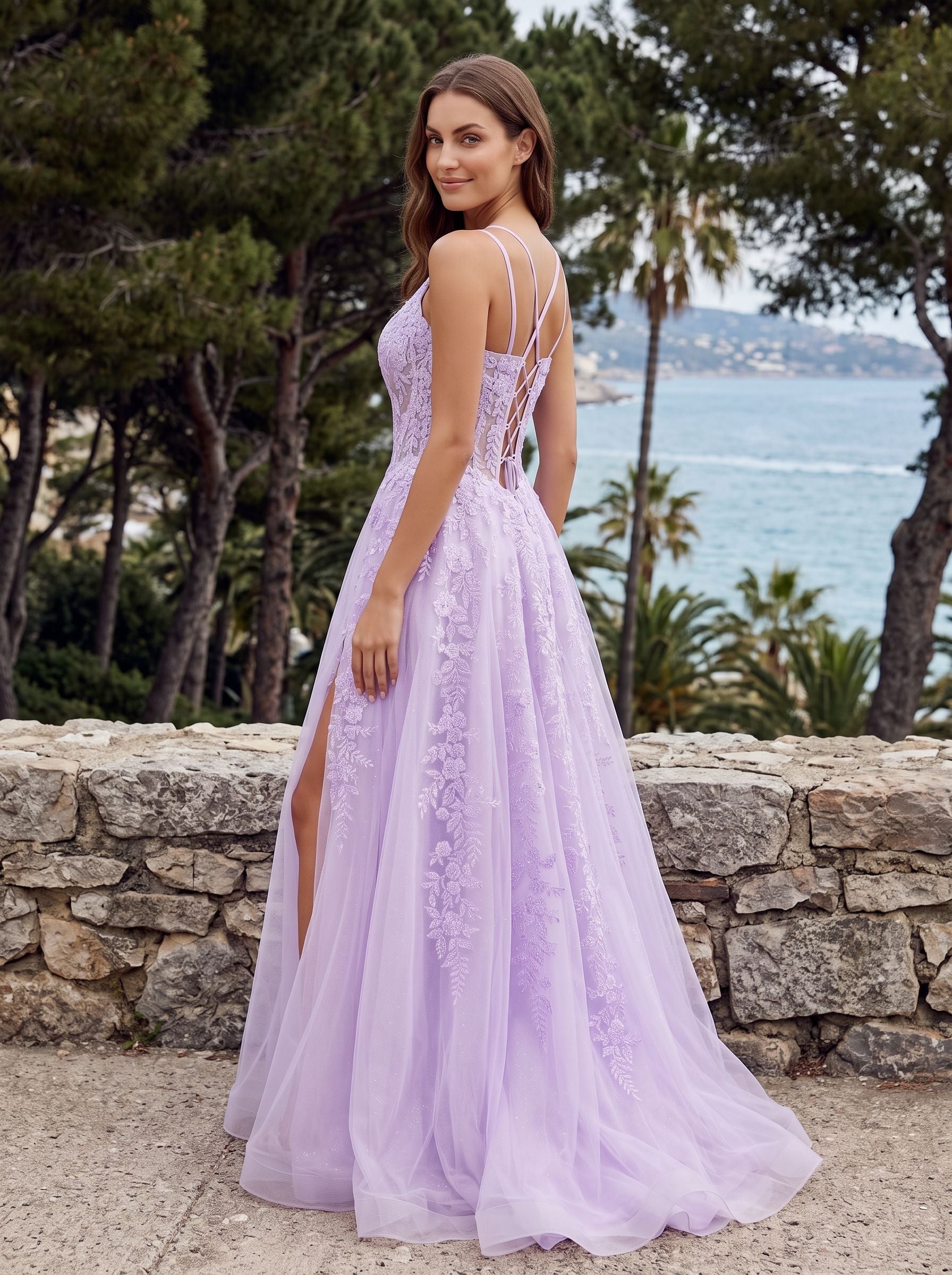 Lilac Tulle A-Line V-Neck Lace-up Floor-Length Dress with Sheer Corset Bodice and Side Slit