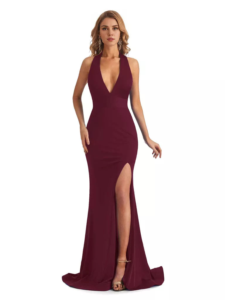 Sexy Mermaid Halter V-neck halter Side Slit  Jersey Long Formal Bridesmaid Dresses