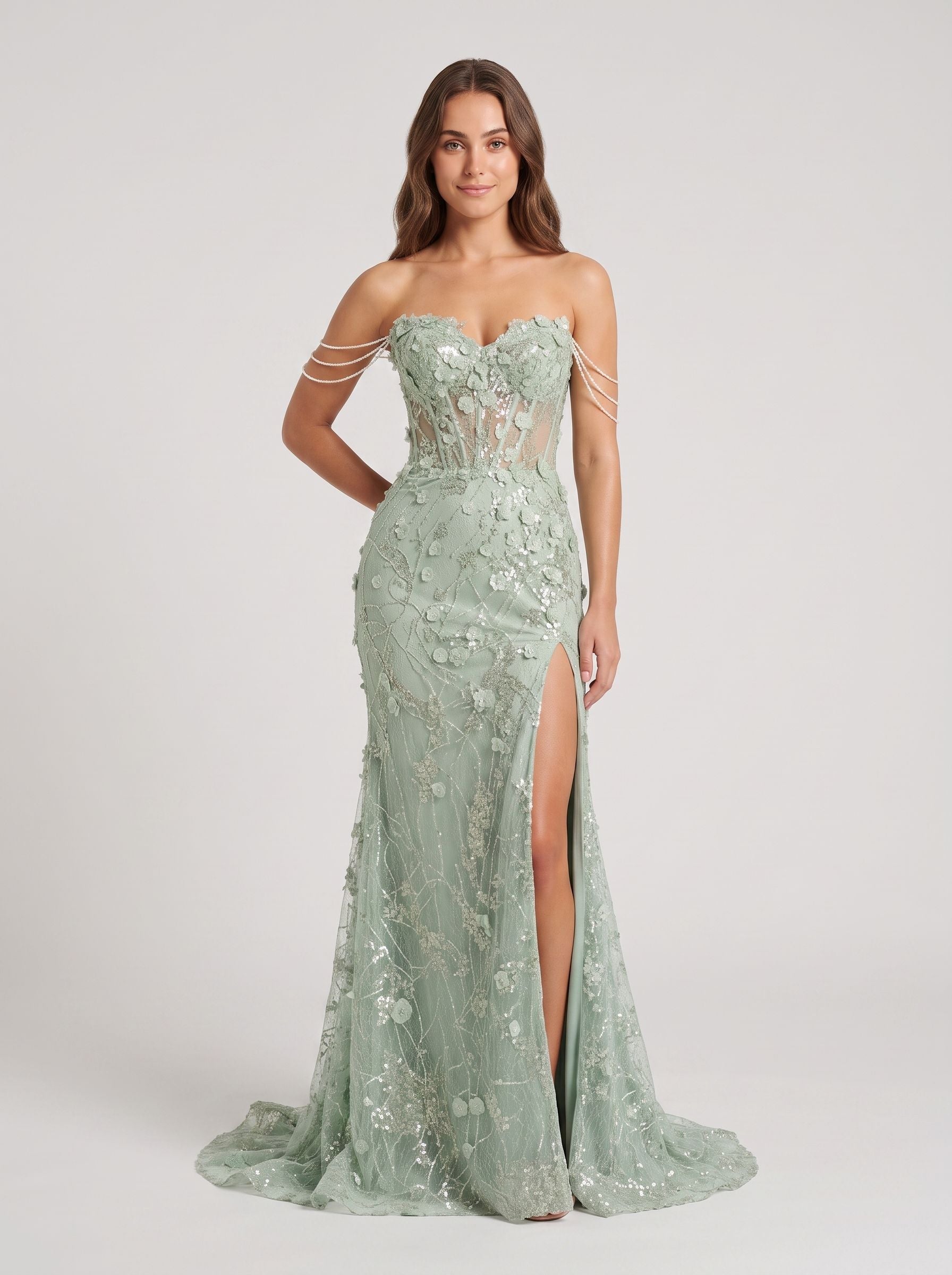 Green Tulle Sheath Sweetheart Back Zip Floor-Length Dress with Beaded Sequins