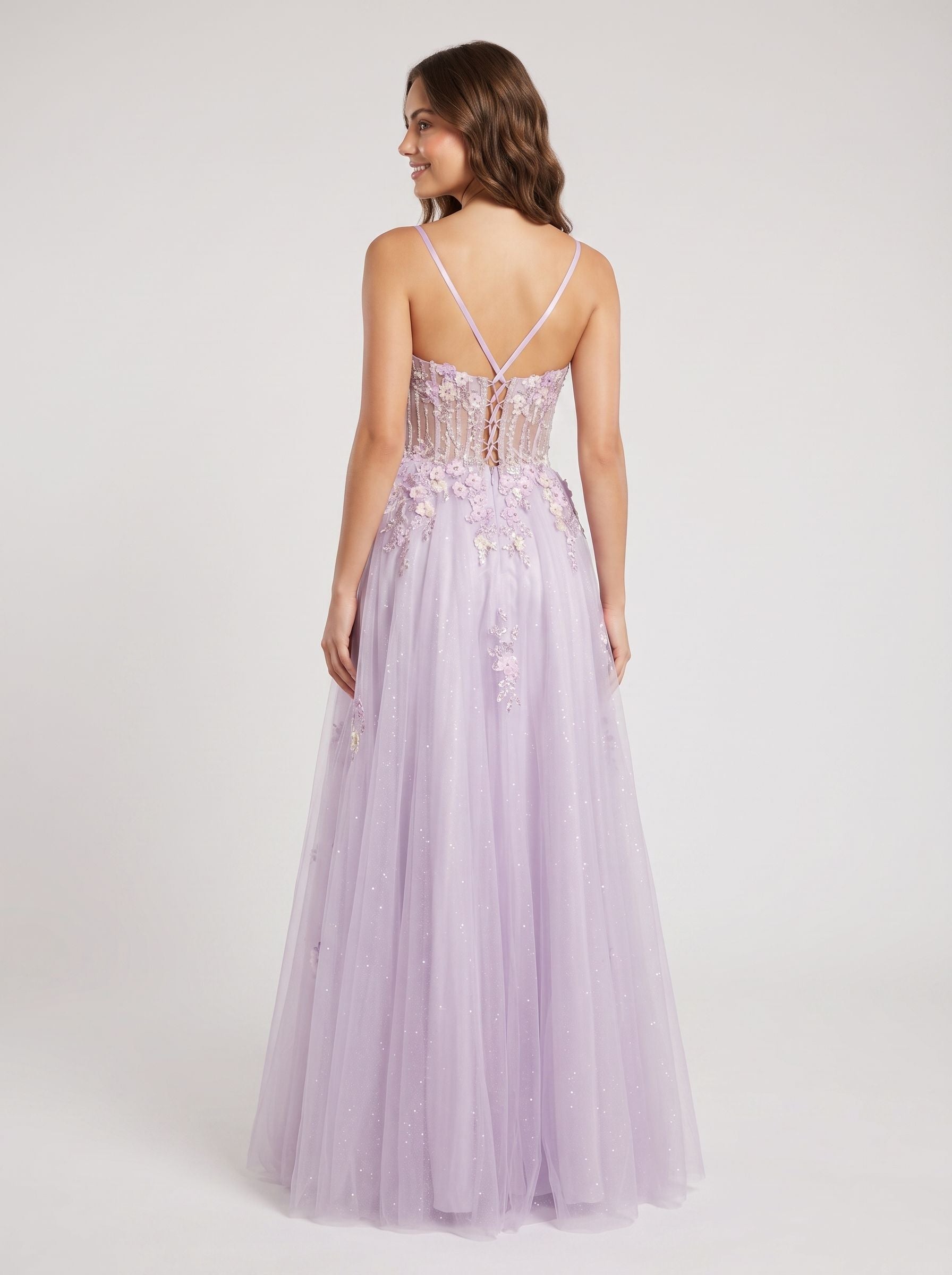 Lilac Tulle A-Line Sweetheart Criss-Cross Straps Floor-Length Dress with Beaded Florals