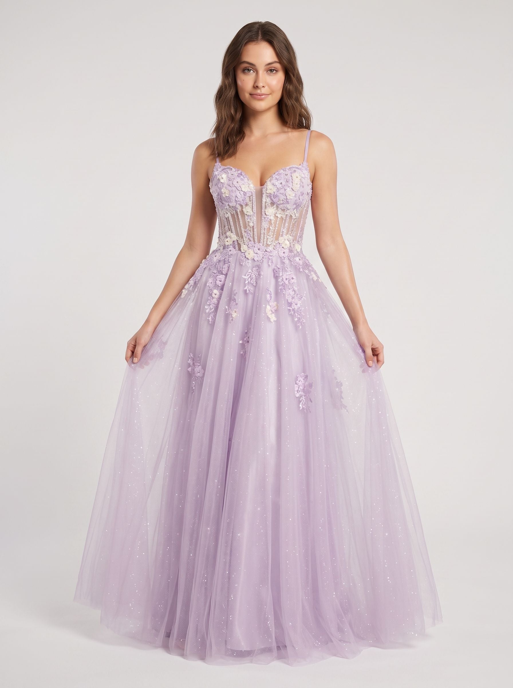 Lilac Tulle A-Line Sweetheart Criss-Cross Straps Floor-Length Dress with Beaded Florals