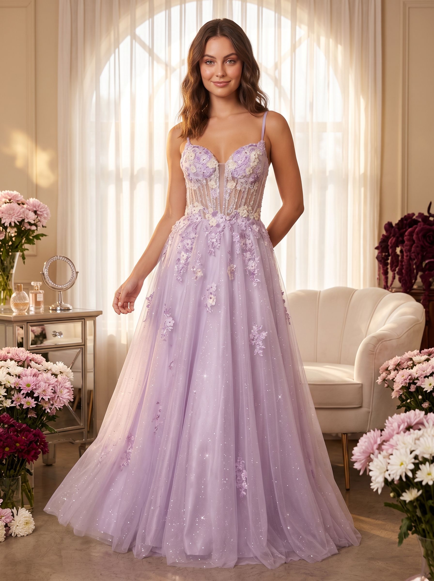 Lilac Tulle A-Line Sweetheart Criss-Cross Straps Floor-Length Dress with Beaded Florals
