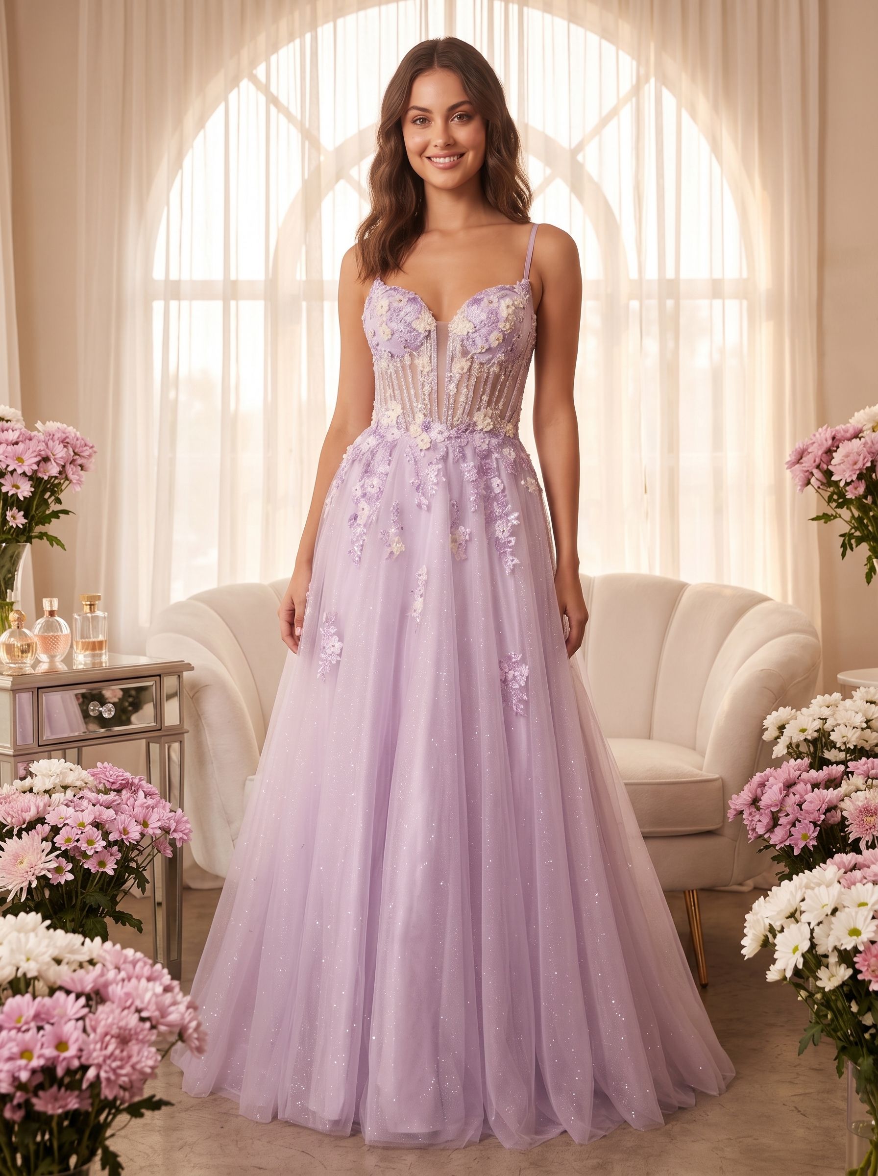 Lilac Tulle A-Line Sweetheart Criss-Cross Straps Floor-Length Dress with Beaded Florals