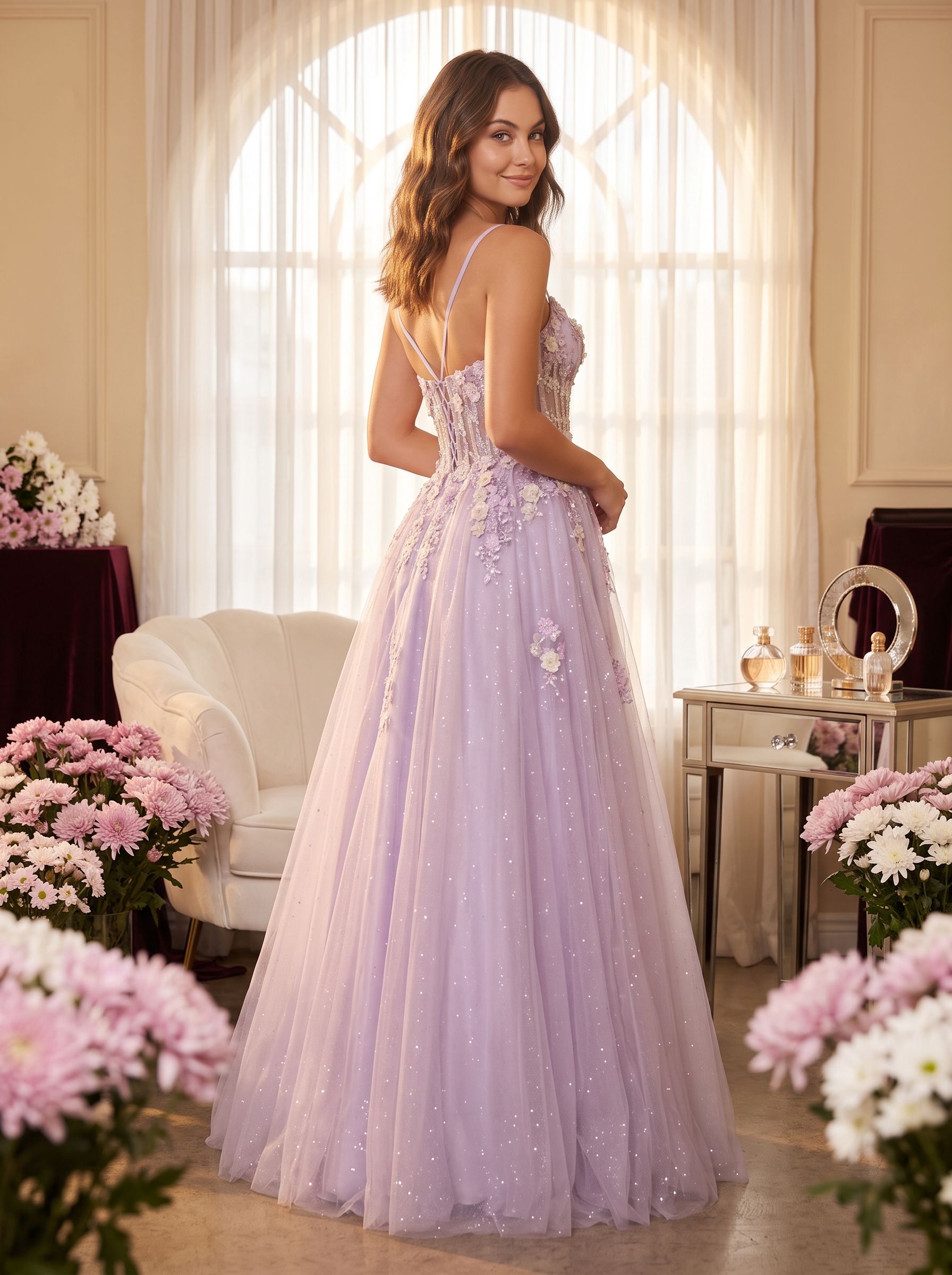 Lilac Tulle A-Line Sweetheart Criss-Cross Straps Floor-Length Dress with Beaded Florals