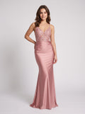 Rose Gold Satin Sheath V-Neck Lace-up Floor-Length Dress with Sheer Lace Bodice and Ruched Skirt