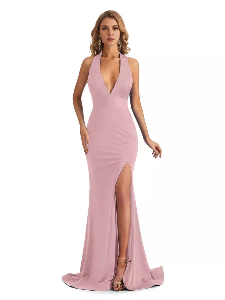 Sexy Mermaid Halter V-neck halter Side Slit  Jersey Long Formal Bridesmaid Dresses