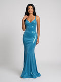 Peacock Blue Satin Mermaid V-Neck Backless Floor-Length Dress with Rhinestone Trim