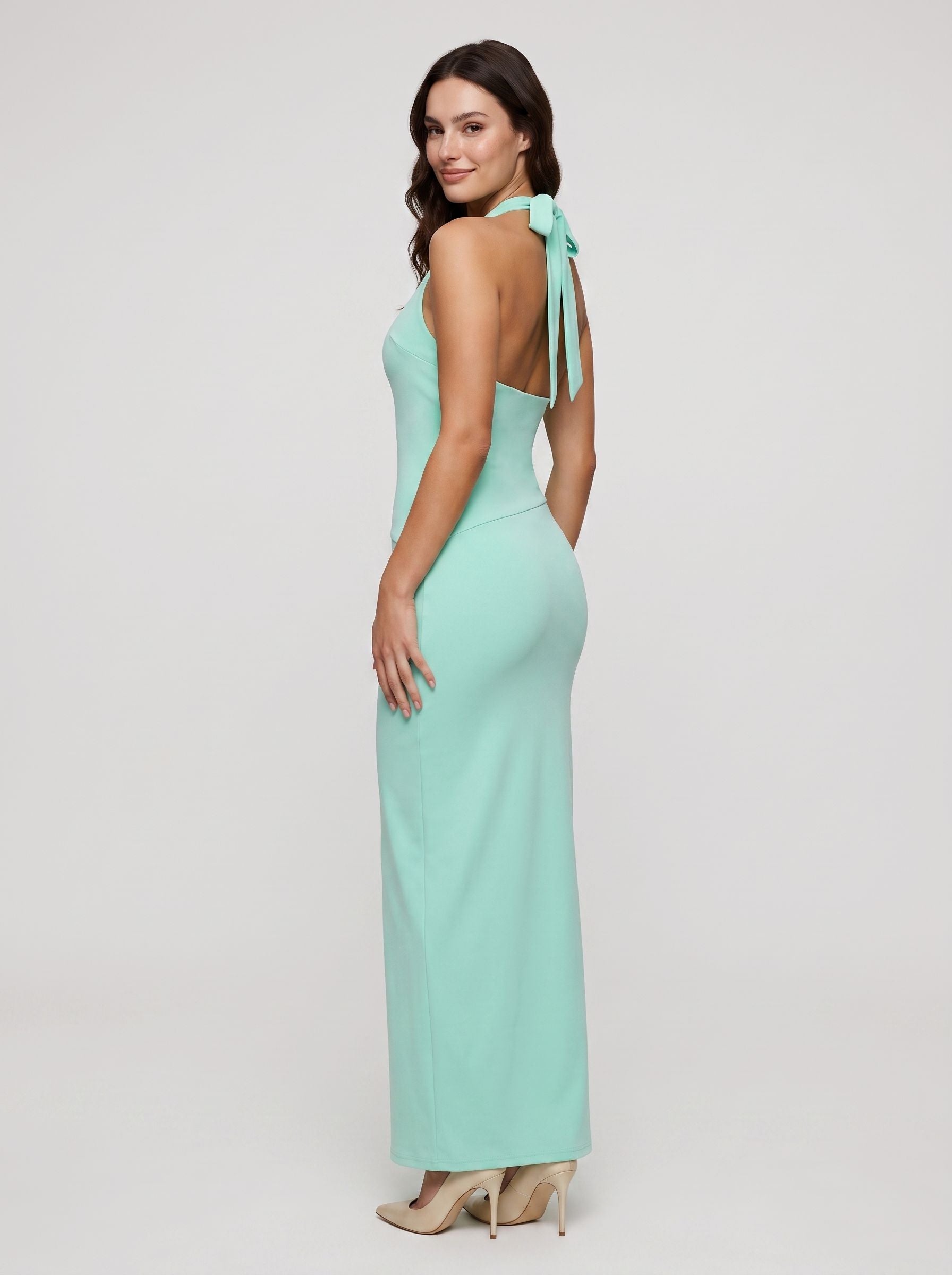 Mint Green Matte Satin Sheath Halter neckline Backless Floor-Length Dress