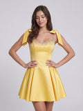 Daffodil Satin A-Line V-Neck Back Zip Short Dress with Shoulder Bows