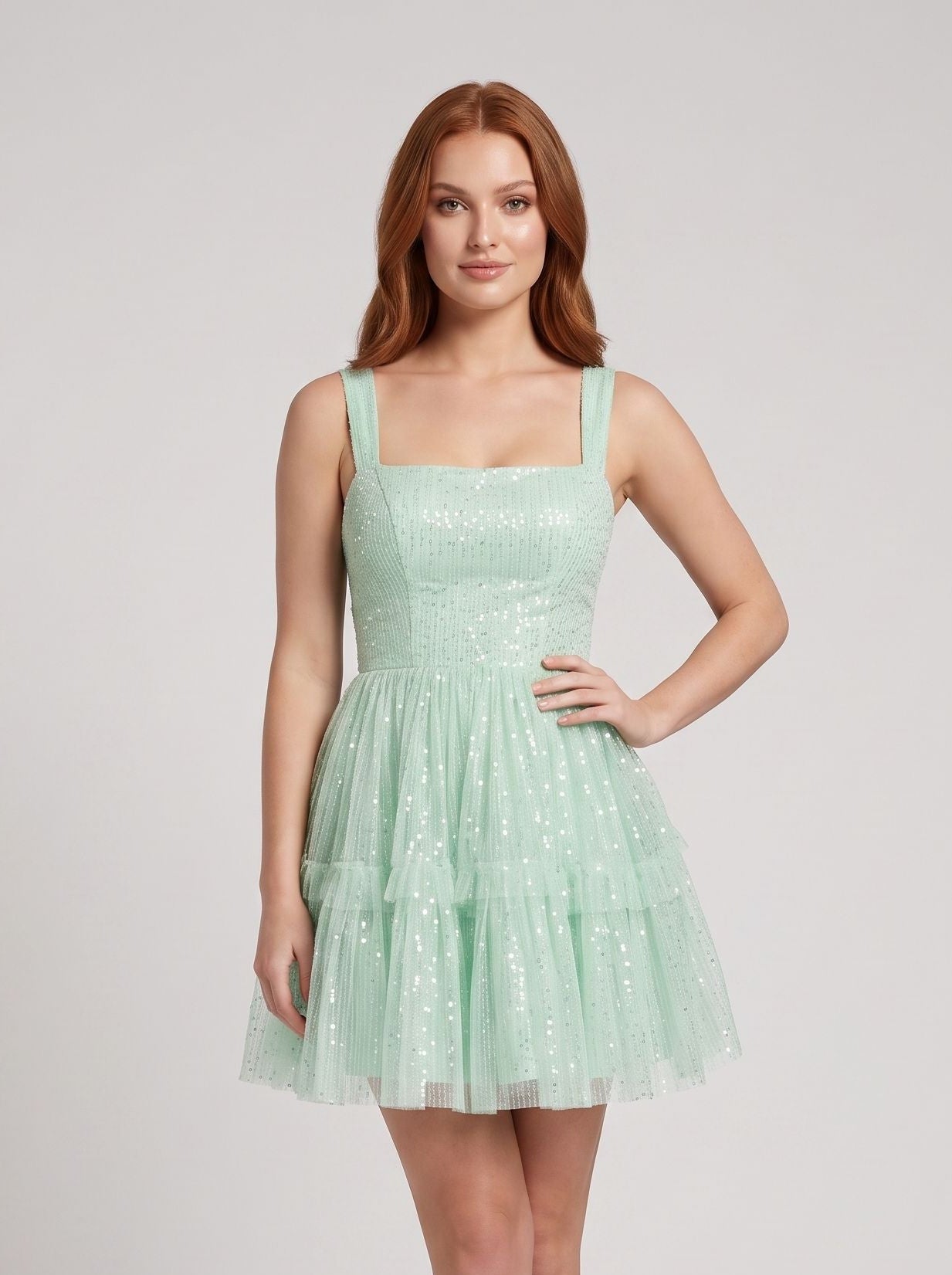Mint Green Tulle A-Line Square Neck Back Zip Mini Dress with Tiered Tulle Skirt