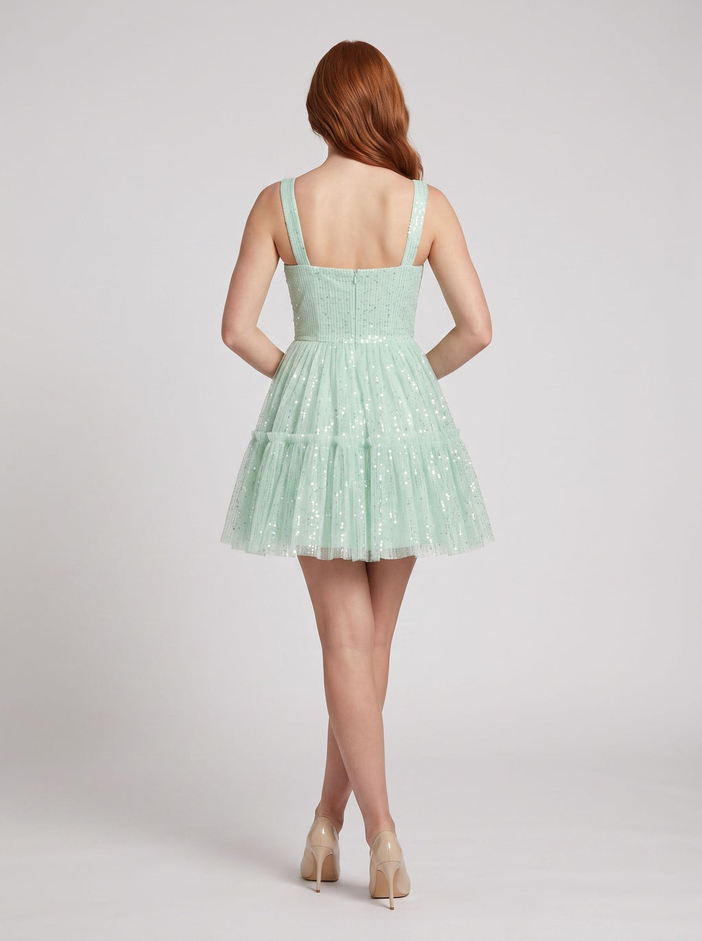 Mint Green Tulle A-Line Square Neck Back Zip Mini Dress with Tiered Tulle Skirt
