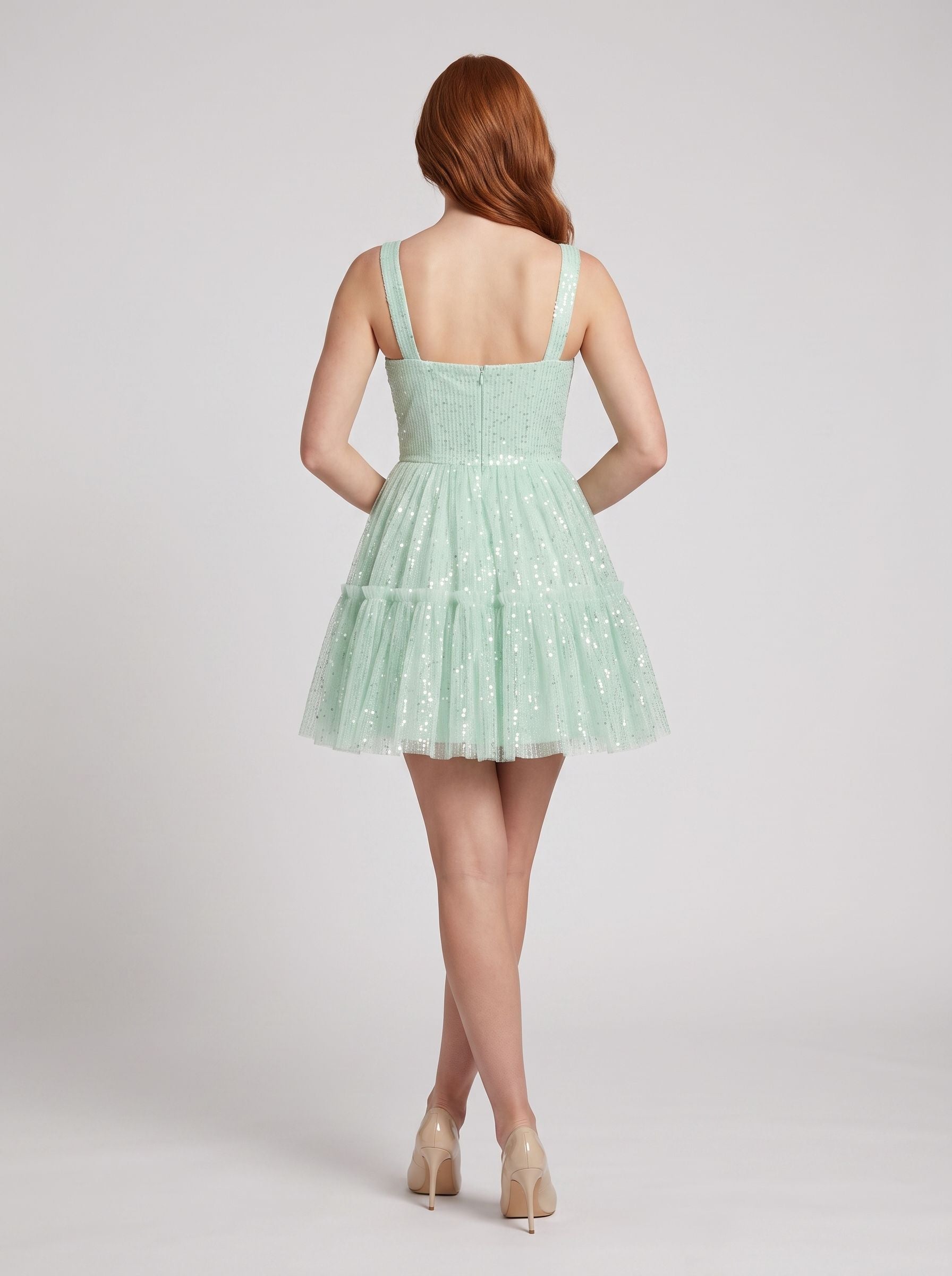 Mint Green Tulle A-Line Square Neck Back Zip Mini Dress with Tiered Tulle Skirt
