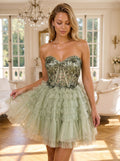 Green Tulle A-Line Sweetheart Corset Back Short Dress with Floral Appliques