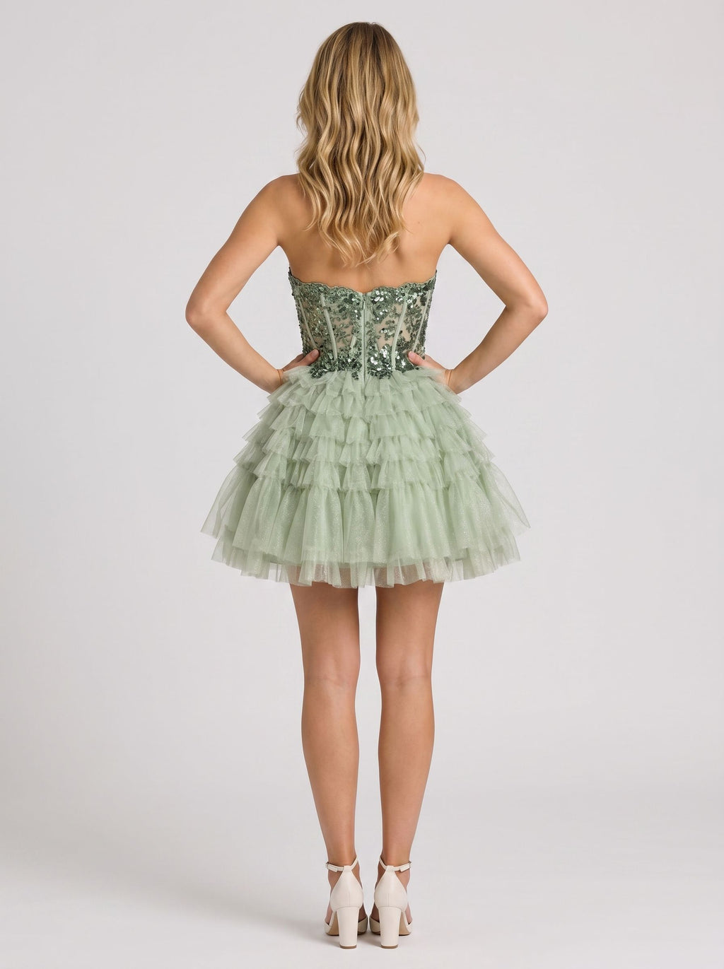 Green Tulle A-Line Sweetheart Corset Back Short Dress with Floral Appliques