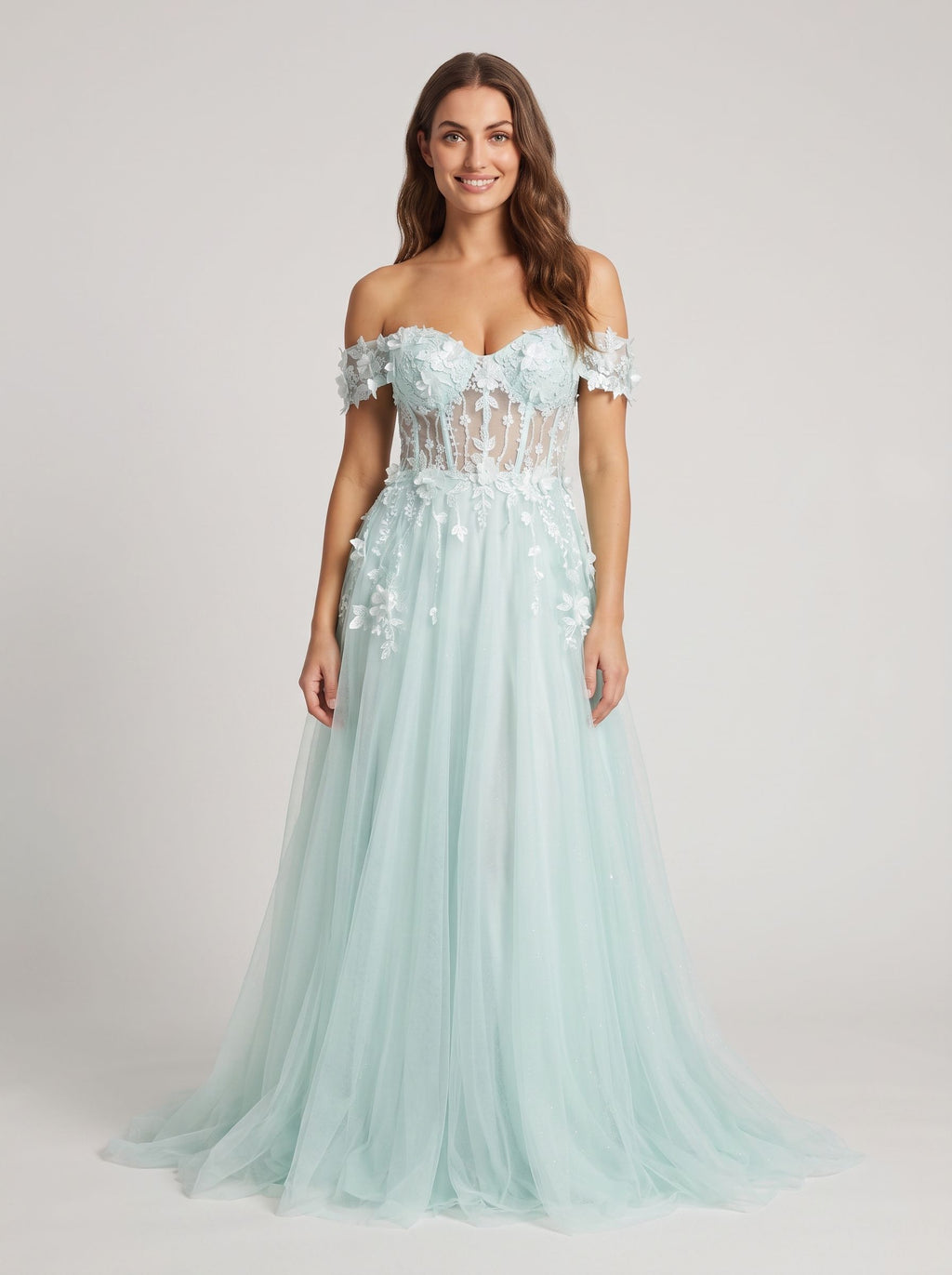 Mint Green Tulle A-Line Off-the-Shoulder Back Zip Floor-Length Dress with 3D Flowers