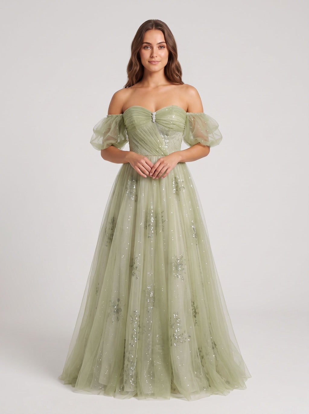 Sage Green Tulle A-Line Off-the-Shoulder Lace-up Floor-Length Dress with Beading