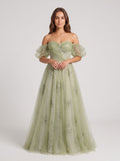 Sage Green Tulle A-Line Off-the-Shoulder Lace-up Floor-Length Dress with Beading
