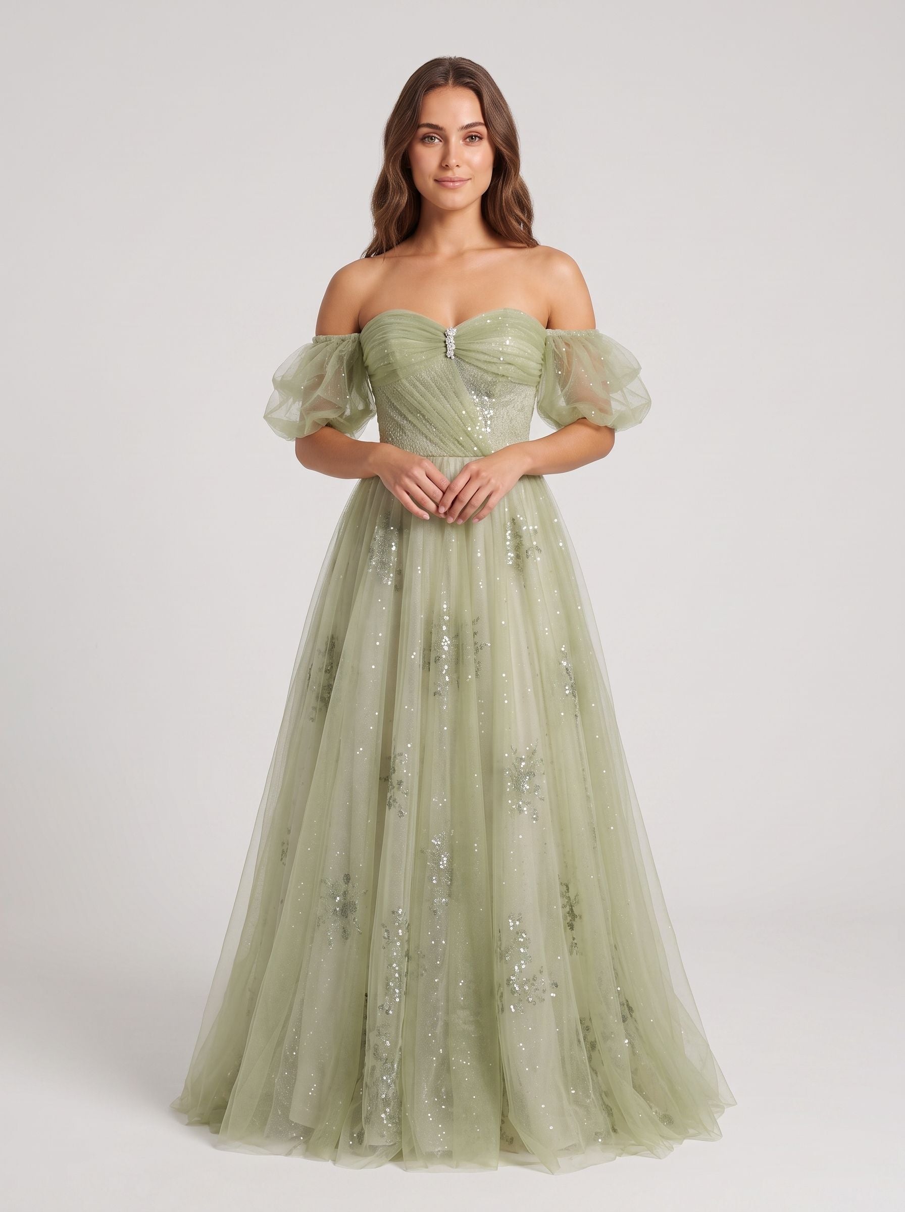 Sage Green Tulle A-Line Off-the-Shoulder Lace-up Floor-Length Dress with Beading