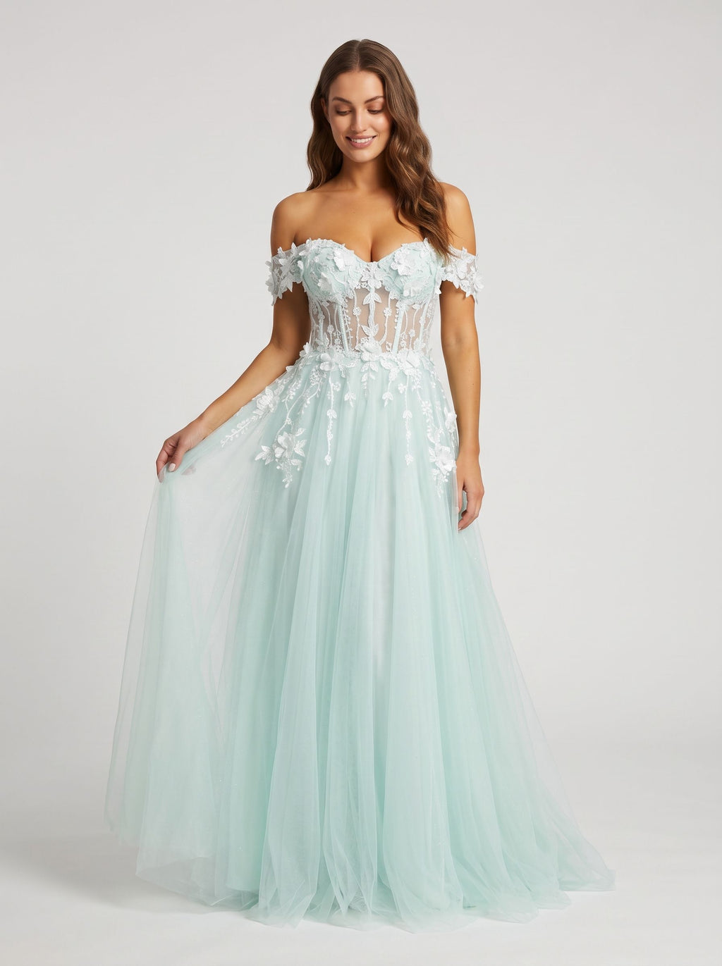 Mint Green Tulle A-Line Off-the-Shoulder Back Zip Floor-Length Dress with 3D Flowers