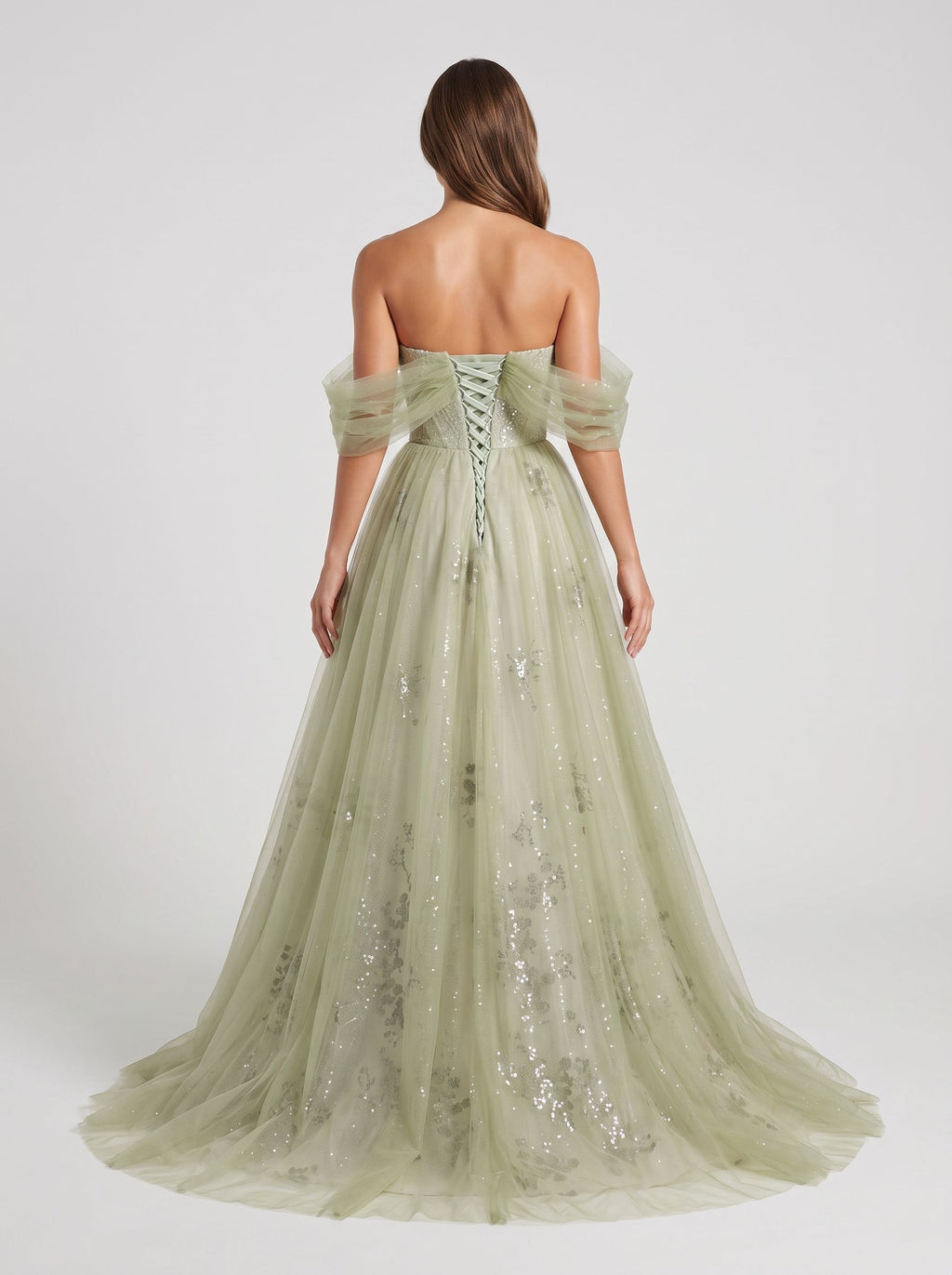 Sage Green Tulle A-Line Off-the-Shoulder Lace-up Floor-Length Dress with Beading