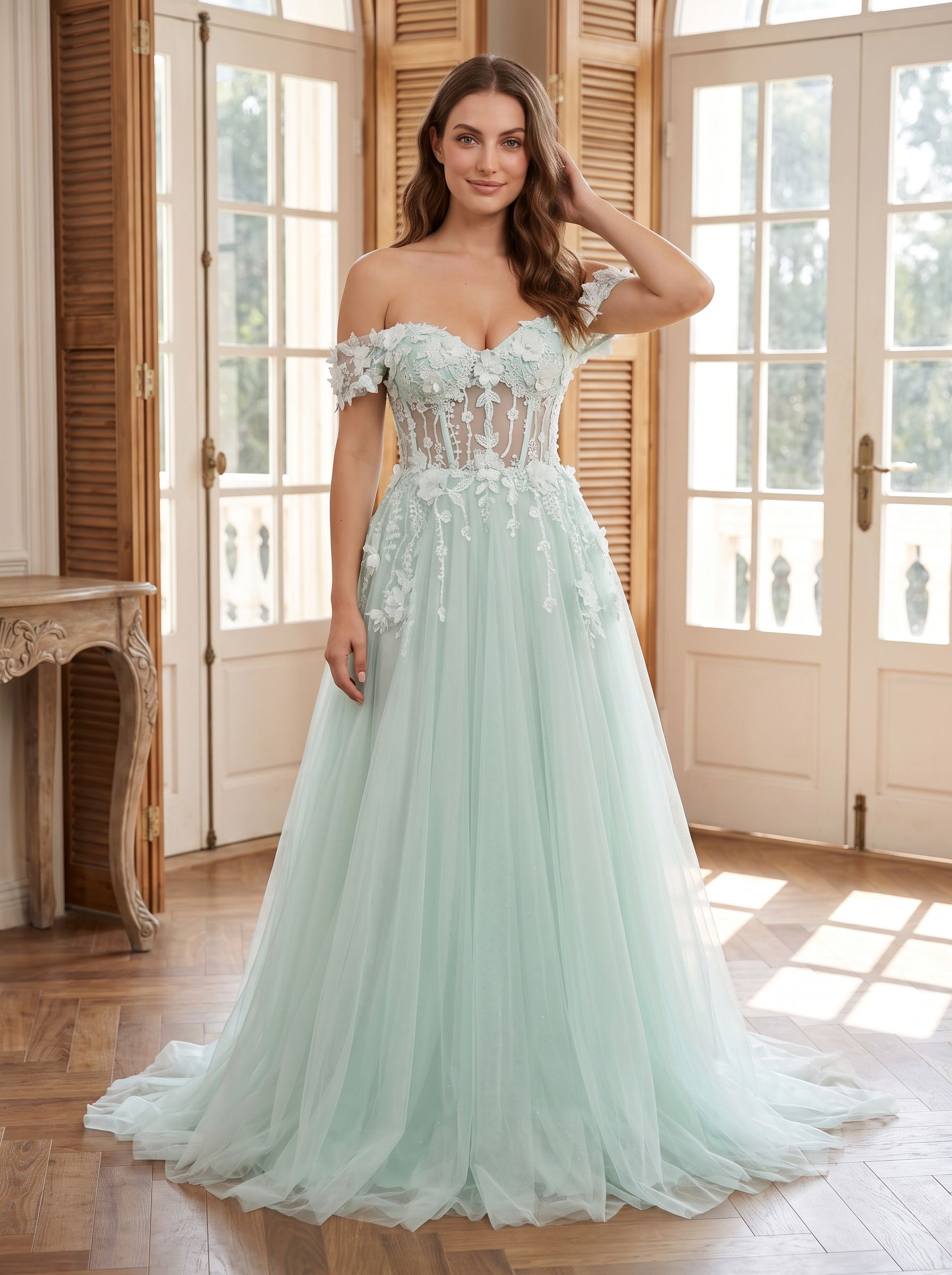 Mint Green Tulle A-Line Off-the-Shoulder Back Zip Floor-Length Dress with 3D Flowers