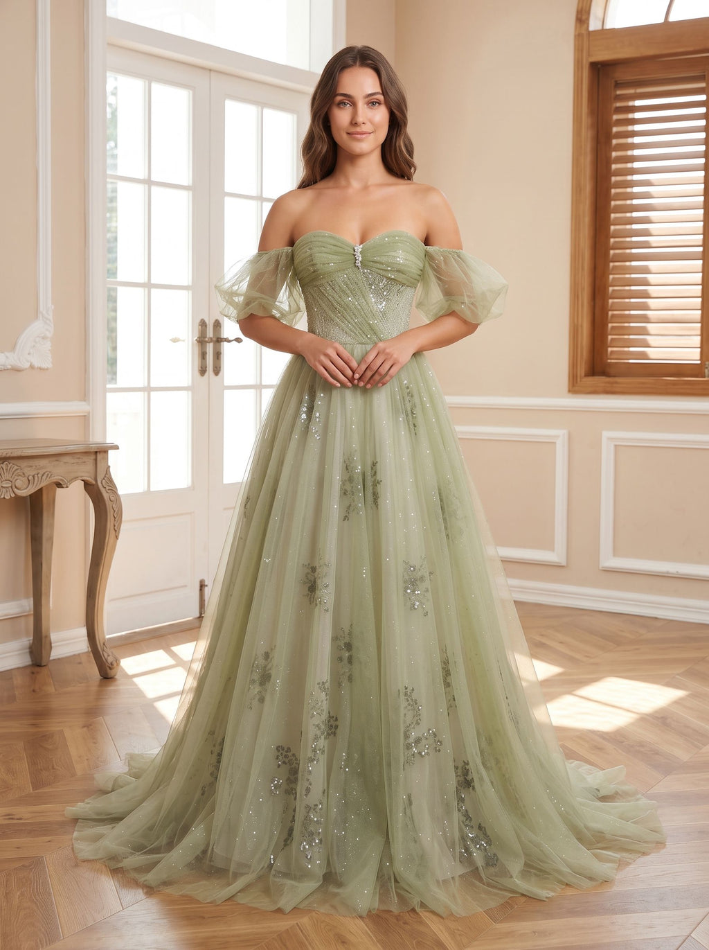 Sage Green Tulle A-Line Off-the-Shoulder Lace-up Floor-Length Dress with Beading