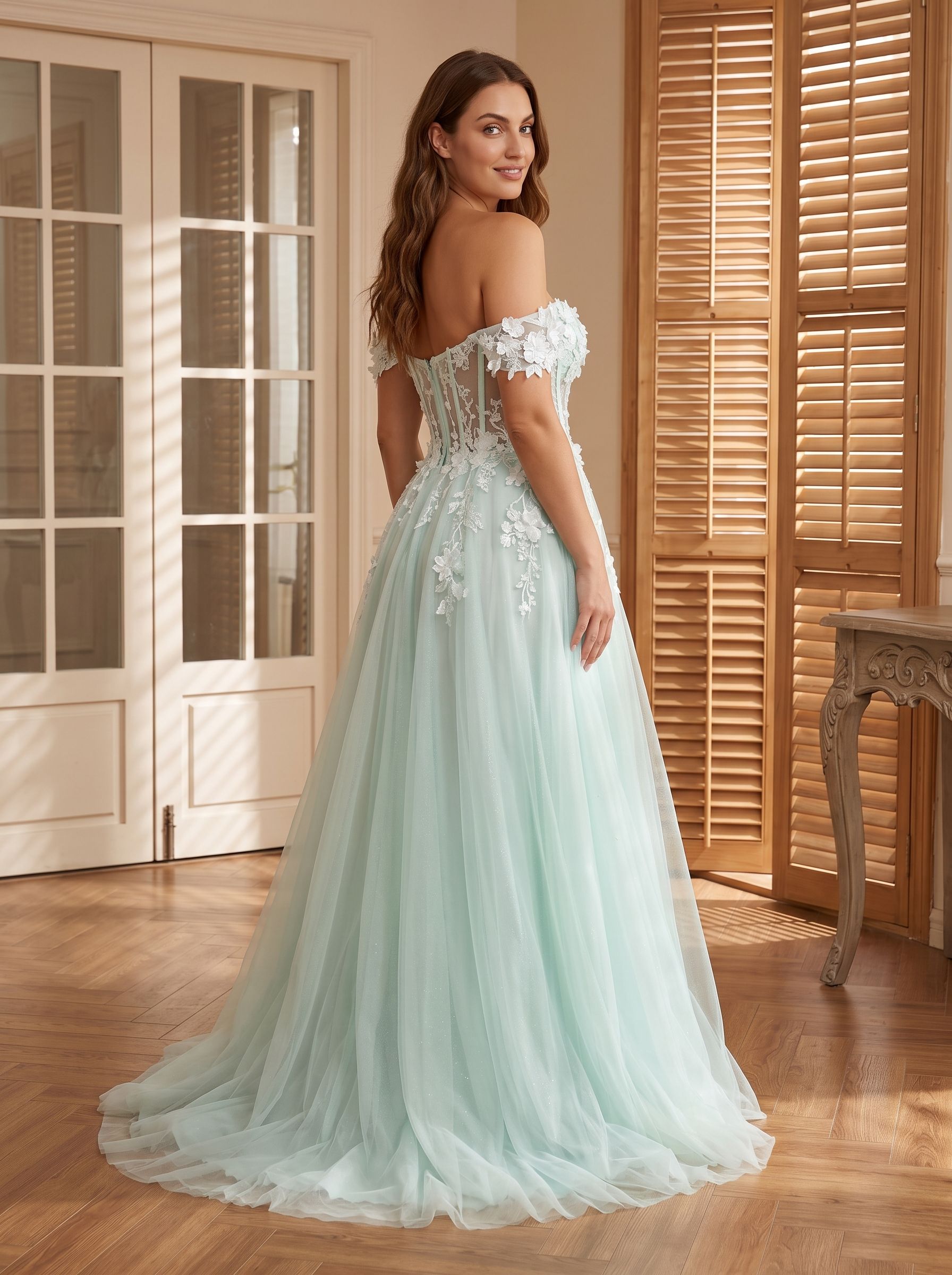 Mint Green Tulle A-Line Off-the-Shoulder Back Zip Floor-Length Dress with 3D Flowers