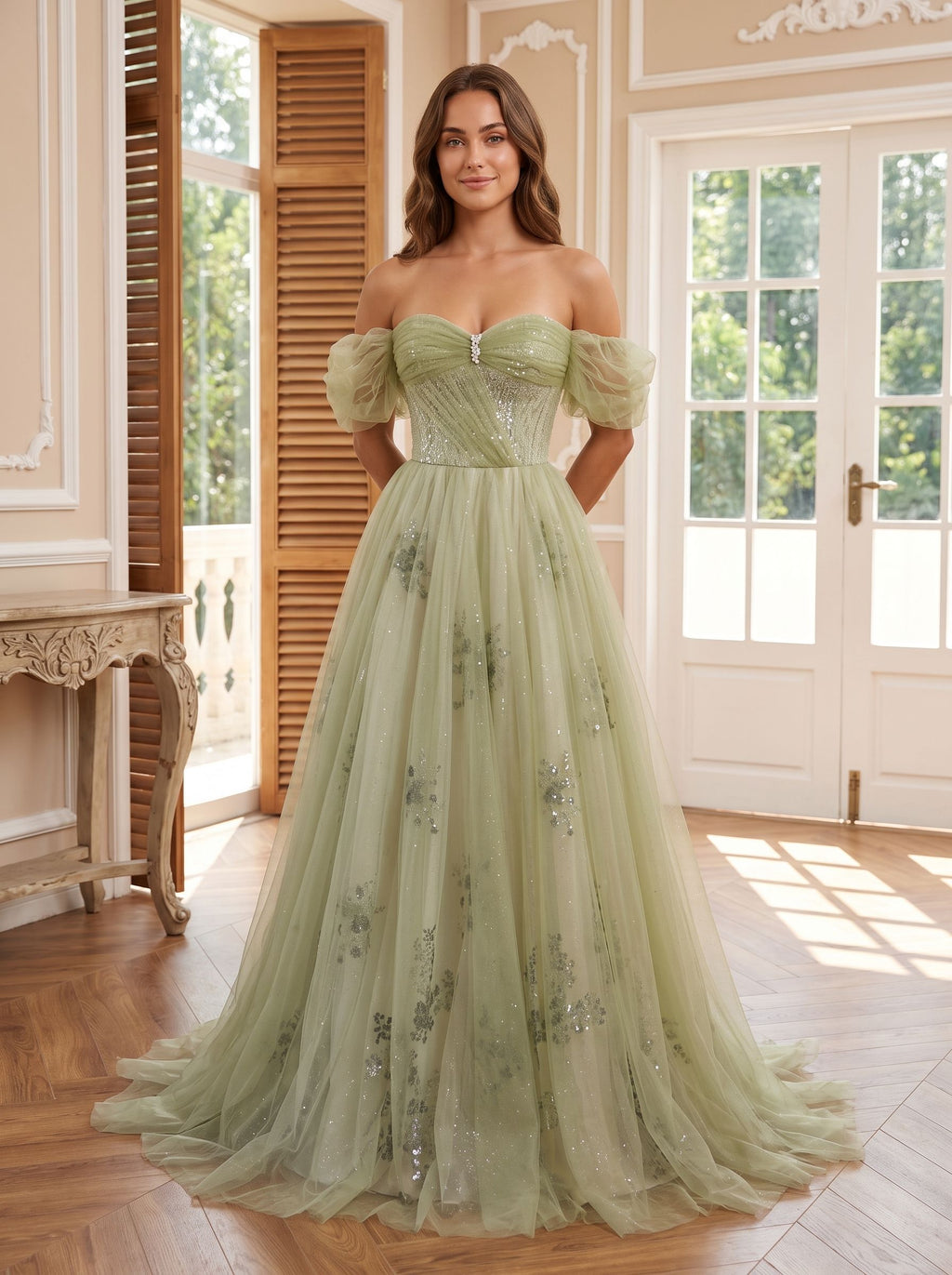 Sage Green Tulle A-Line Off-the-Shoulder Lace-up Floor-Length Dress with Beading