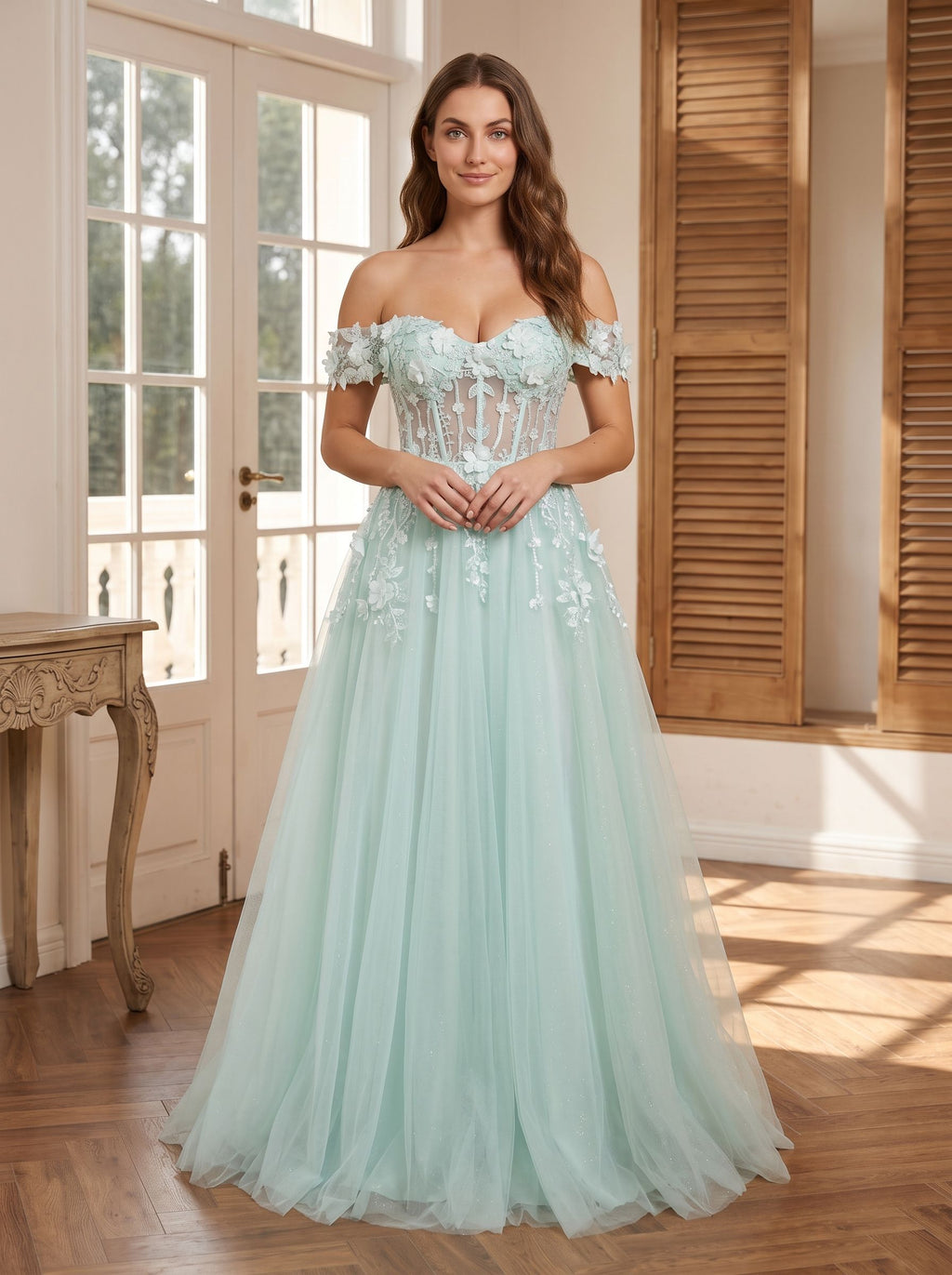 Mint Green Tulle A-Line Off-the-Shoulder Back Zip Floor-Length Dress with 3D Flowers