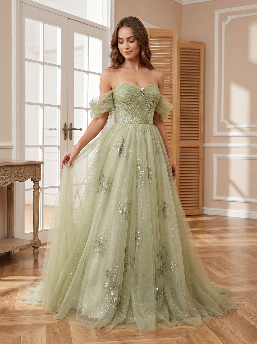 Sage Green Tulle A-Line Off-the-Shoulder Lace-up Floor-Length Dress with Beading