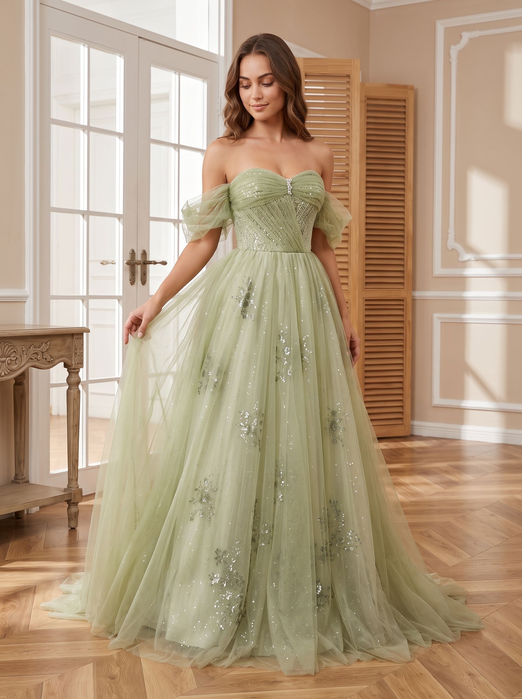 Sage Green Tulle A-Line Off-the-Shoulder Lace-up Floor-Length Dress with Beading