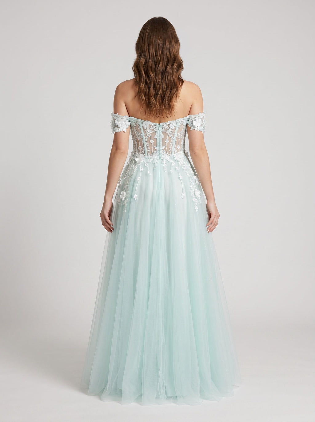 Mint Green Tulle A-Line Off-the-Shoulder Back Zip Floor-Length Dress with 3D Flowers
