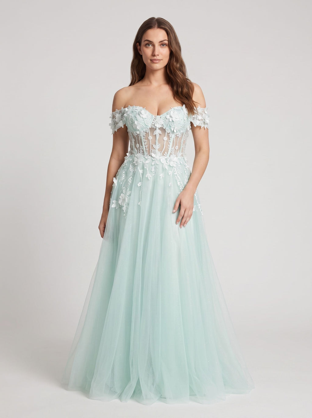 Mint Green Tulle A-Line Off-the-Shoulder Back Zip Floor-Length Dress with 3D Flowers