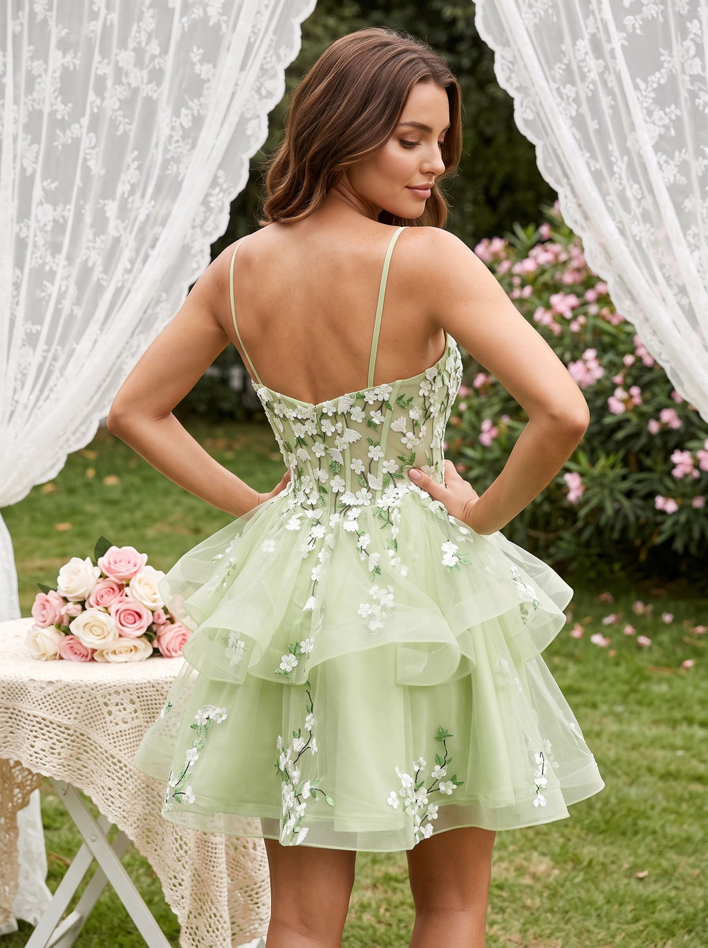 Mint Green Tulle A-Line Sweetheart Back Zip Short Dress with Floral Appliques