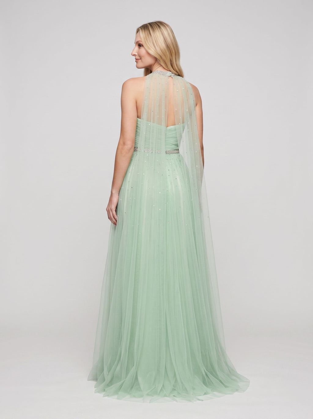 Mint Green Tulle A-Line Sweetheart Back Zip Floor-Length Dress with Beaded Details and High Slit