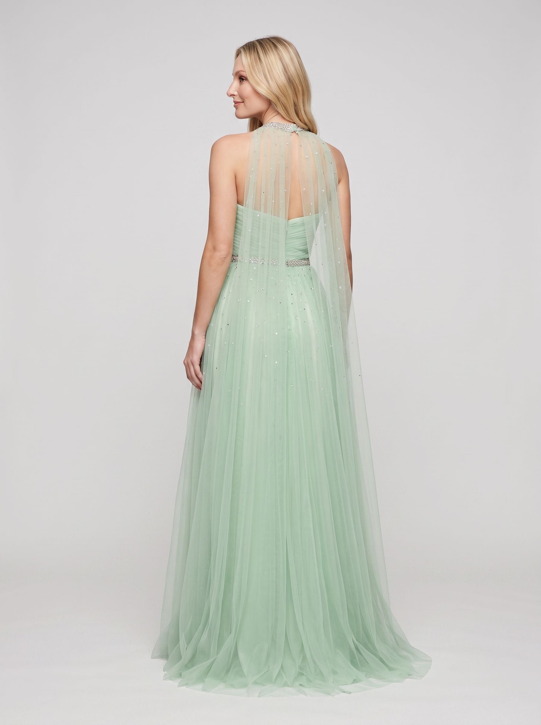 Mint Green Tulle A-Line Sweetheart Back Zip Floor-Length Dress with Beaded Details and High Slit