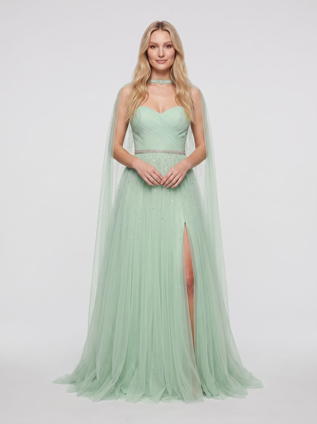 Mint Green Tulle A-Line Sweetheart Back Zip Floor-Length Dress with Beaded Details and High Slit
