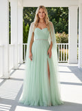 Mint Green Tulle A-Line Sweetheart Back Zip Floor-Length Dress with Beaded Details and High Slit