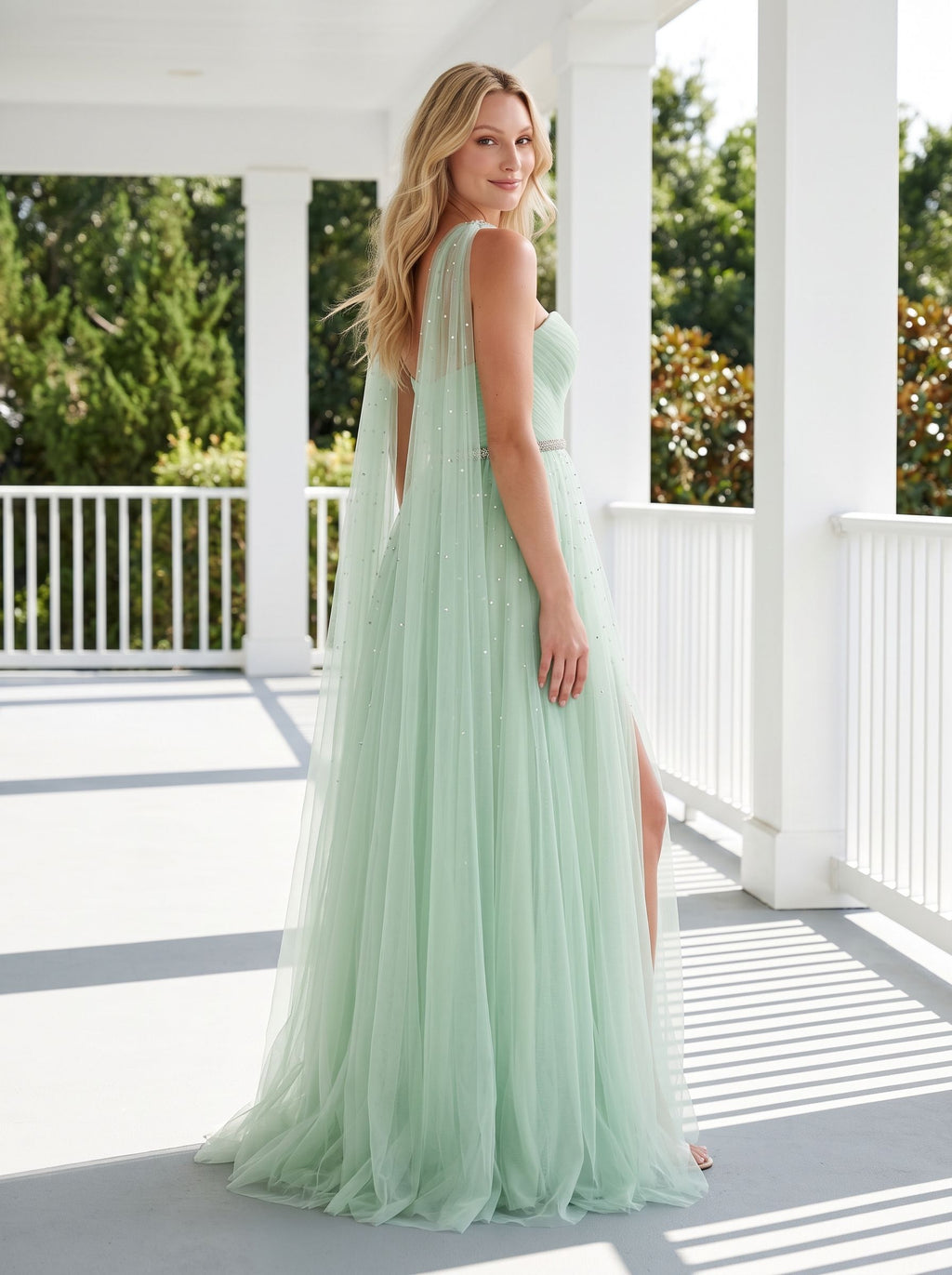 Mint Green Tulle A-Line Sweetheart Back Zip Floor-Length Dress with Beaded Details and High Slit