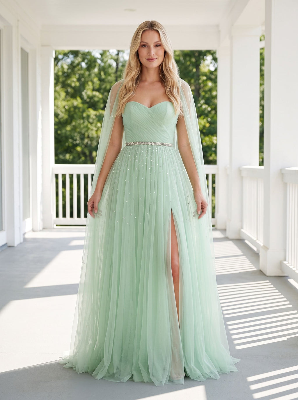 Mint Green Tulle A-Line Sweetheart Back Zip Floor-Length Dress with Beaded Details and High Slit