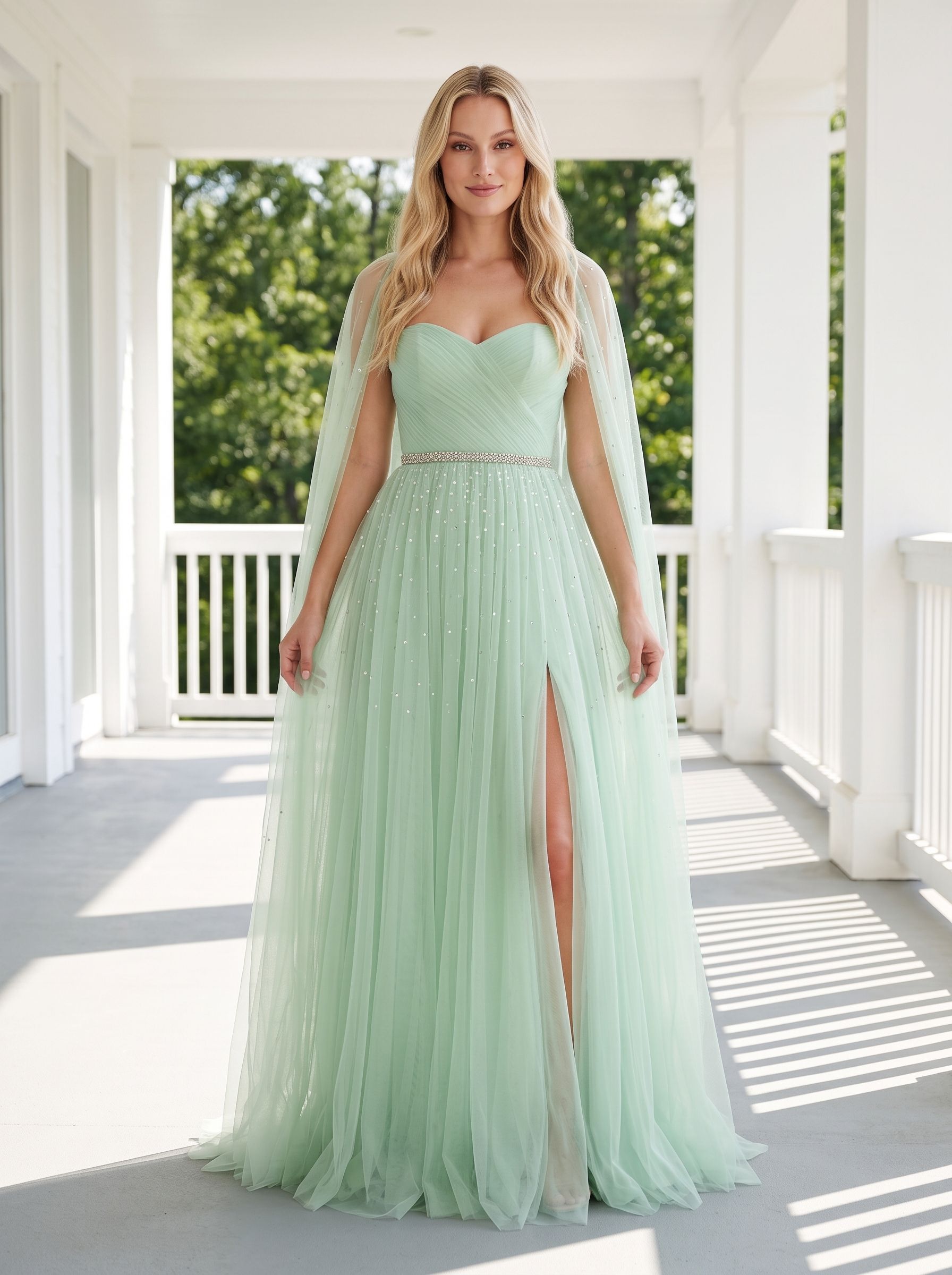 Mint Green Tulle A-Line Sweetheart Back Zip Floor-Length Dress with Beaded Details and High Slit