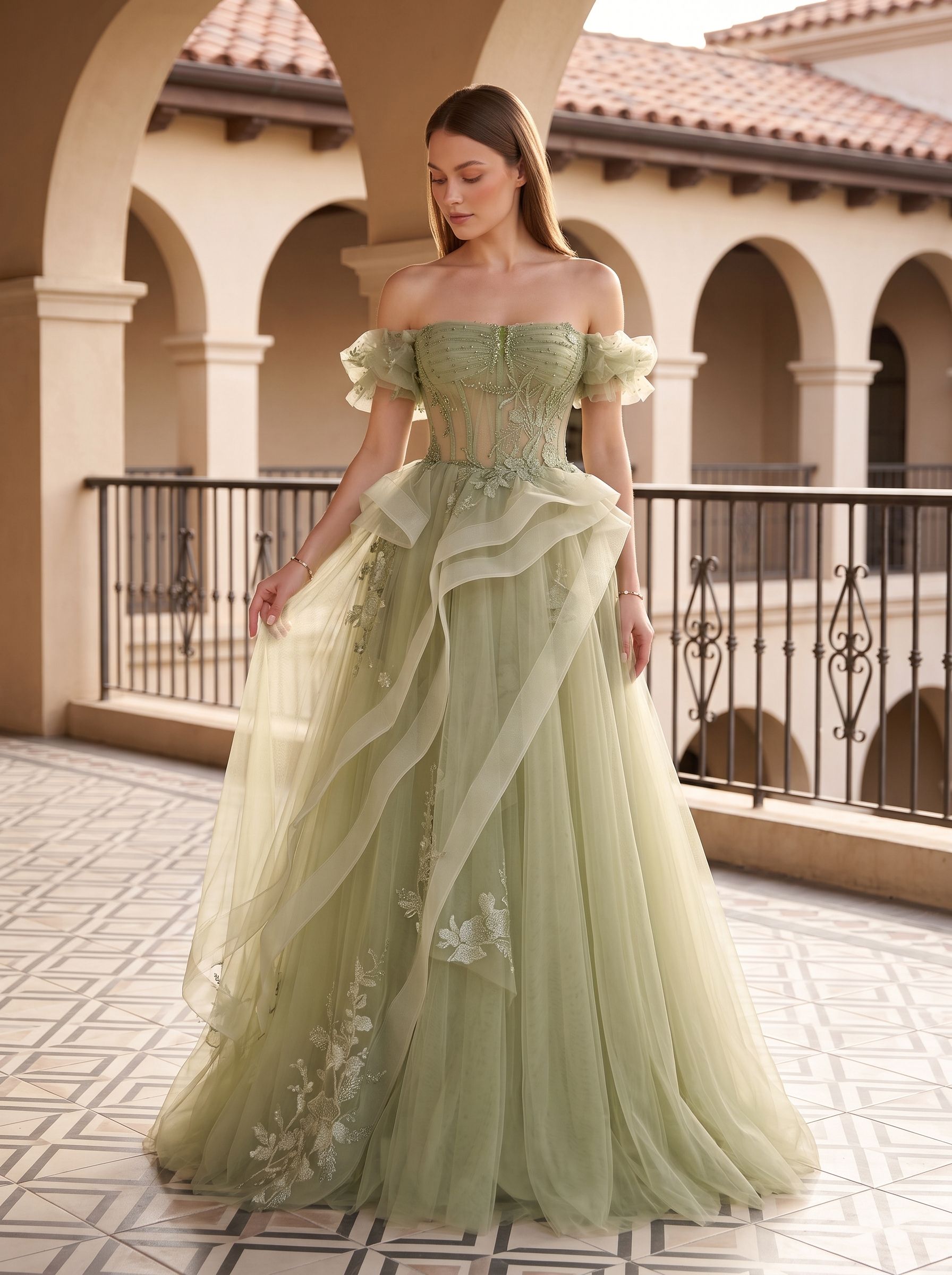 Sage Green Tulle A-Line Off-the-Shoulder Lace-up Asymmetrical Dress with Floral Embroidery