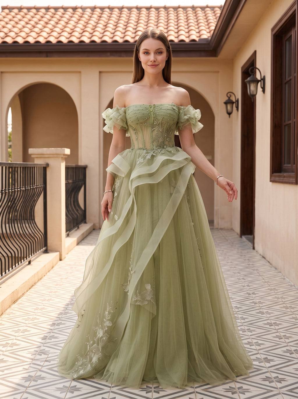 Sage Green Tulle A-Line Off-the-Shoulder Lace-up Asymmetrical Dress with Floral Embroidery