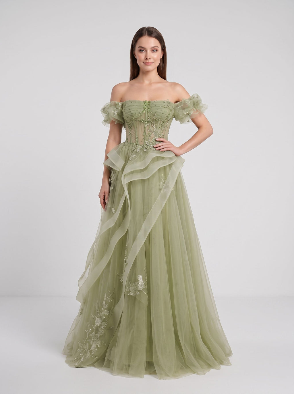 Sage Green Tulle A-Line Off-the-Shoulder Lace-up Asymmetrical Dress with Floral Embroidery