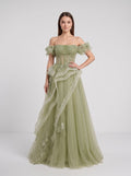 Sage Green Tulle A-Line Off-the-Shoulder Lace-up Asymmetrical Dress with Floral Embroidery