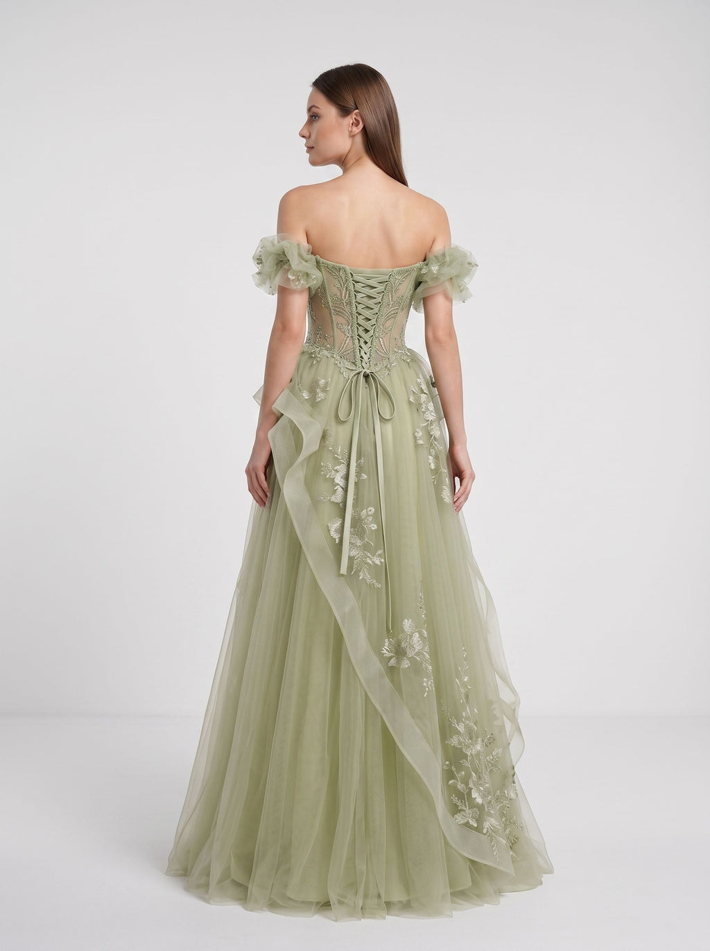 Sage Green Tulle A-Line Off-the-Shoulder Lace-up Asymmetrical Dress with Floral Embroidery