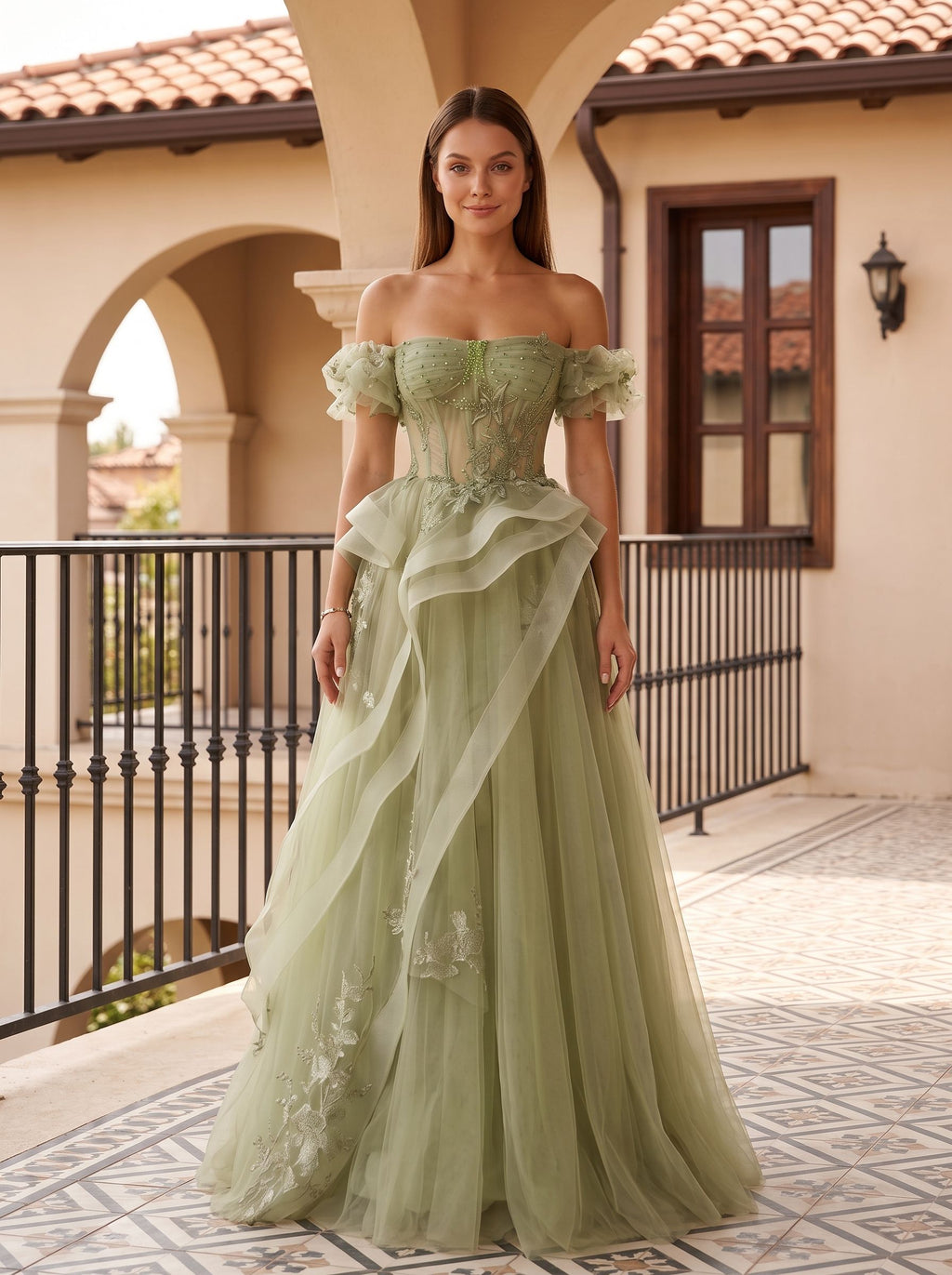 Sage Green Tulle A-Line Off-the-Shoulder Lace-up Asymmetrical Dress with Floral Embroidery